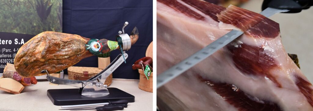 Jamón de cebo de campo 100% ibérico y detalle de corte a cuchillo de Industrias Cárnocas El Bellotero