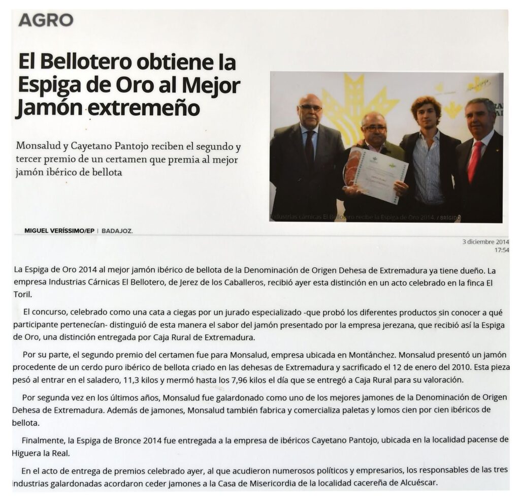 Noticia que recoge la obtención del PRIMER PREMIO "ESPIGA DE ORO" en 2014. Diario Hoy de Extremadura. 3 de diciembre de 2014