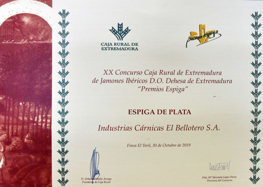 Diploma acreditativo de la obtención del PREMIO "ESPIGA DE PLATA" en 2019